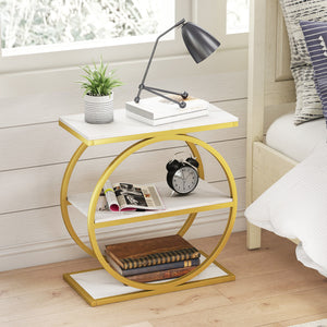 Industrial Faux Marble Side Table with Metal Frame for Living Room Bedroom-White view 3