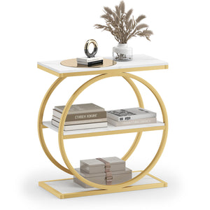 Industrial Faux Marble Side Table with Metal Frame for Living Room Bedroom-White view 4