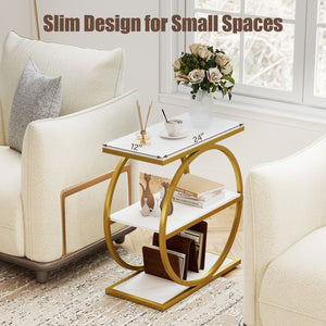 Industrial Faux Marble Side Table with Metal Frame for Living Room Bedroom-White view 9