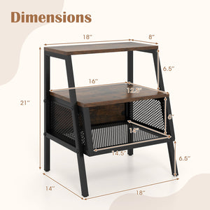 Industrial Nightstand 3-Tier End Table Set of 2 with 2 Open Shelves and Metal Mesh Compartment-Rustic Brown view 5