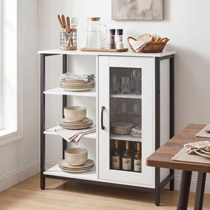 Industrial Side Cabinet with Metal Mesh Door and 3 Open Shelves-White view 3