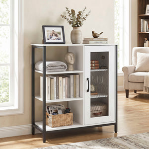 Industrial Side Cabinet with Metal Mesh Door and 3 Open Shelves-White view 6