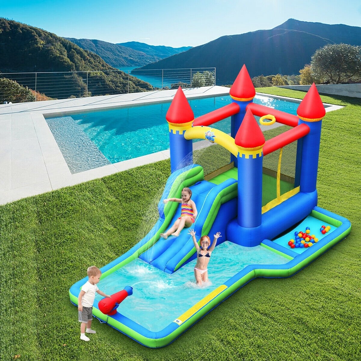 Inflatable Bounce House Castle Water Slide with Climbing Wall and 550W Blower view 2