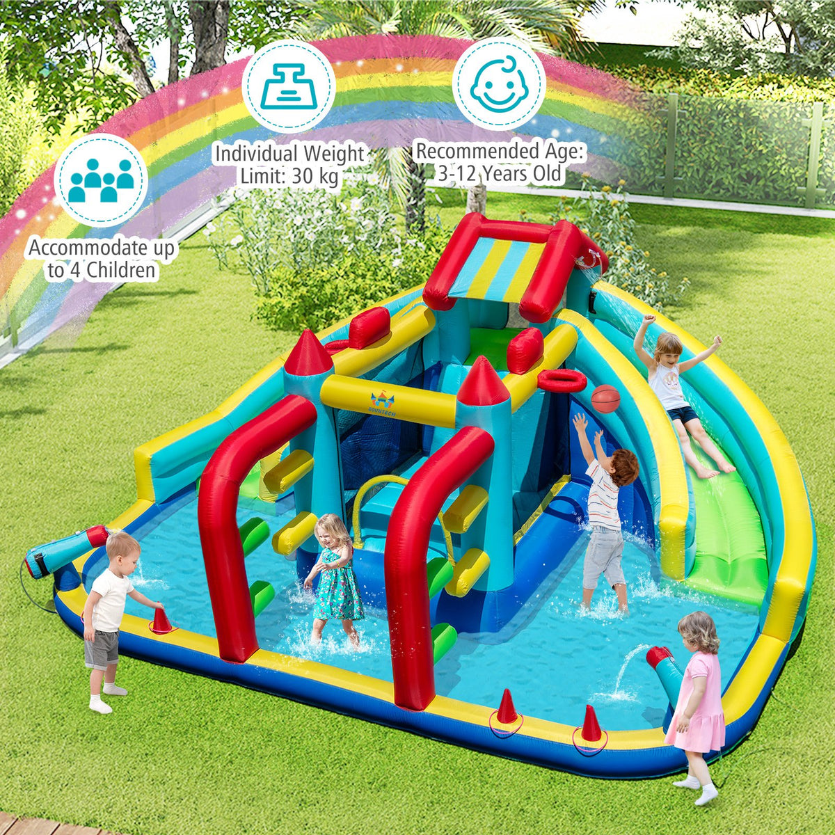Inflatable Double Water Slide Park with Obstacle Course and 735W Blower view 2
