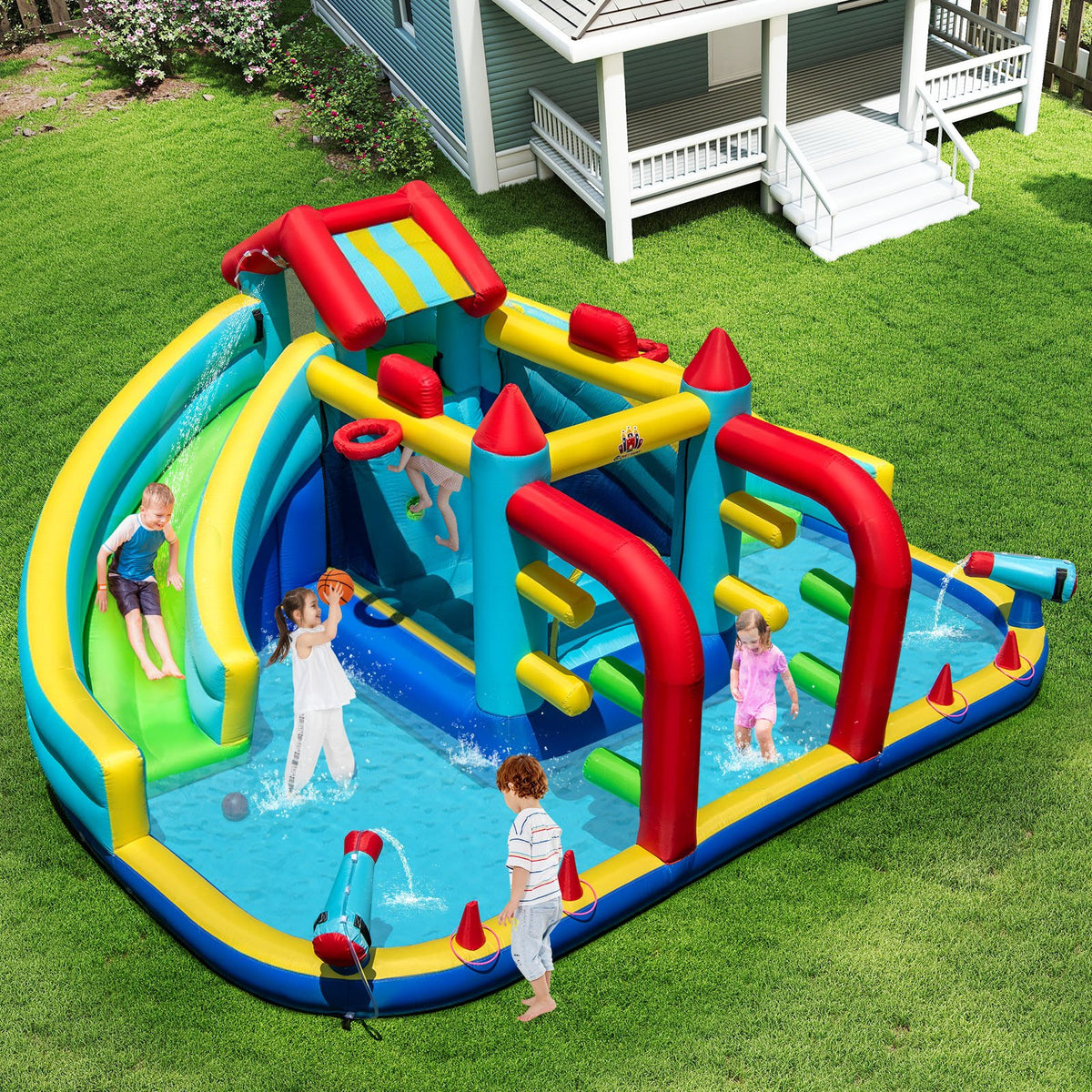 Inflatable Double Water Slide Park with Obstacle Course without 680W-750W Blower view 2