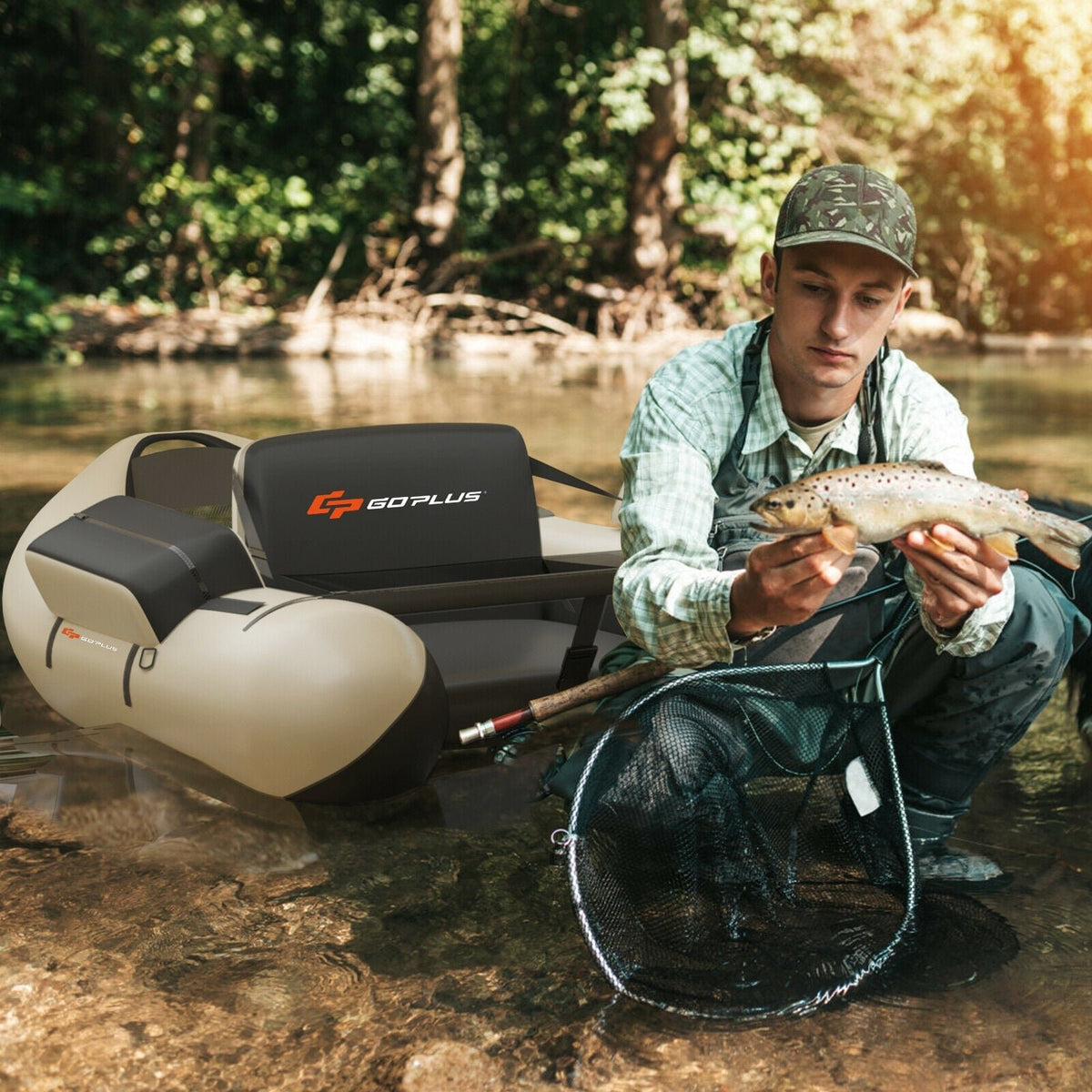 Inflatable Fishing Float Tube with Pump Storage Pockets and Fish Ruler-Beige view 2