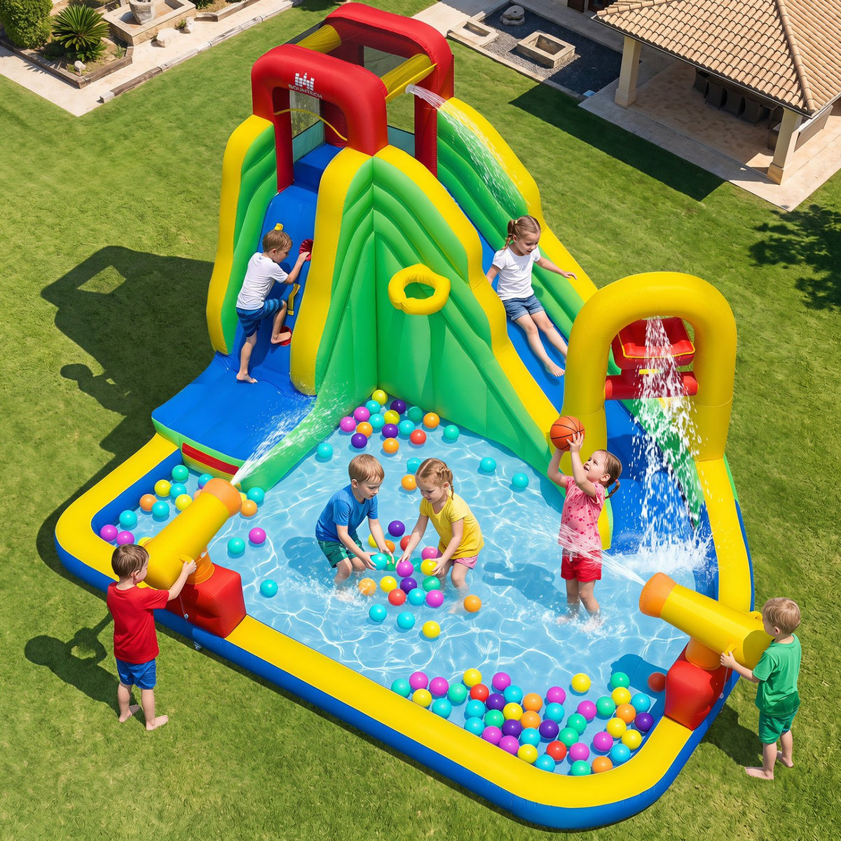 6-in-1 Outdoor Water Park with Downpour Splash Pool and Dual Water Cannons without Blower view 2