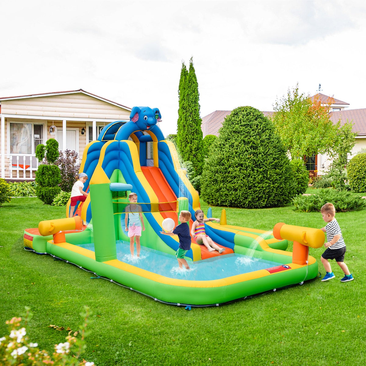 Inflatable Water Slide Giant Water Park 9-In-1 for Kids Backyard Fun with 735W Blower view 2