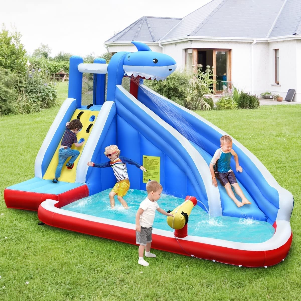 Inflatable Shark Bounce House with Water Slide and Climbing Wall without Blower view 2