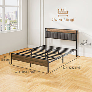 Queen Size Bed Frame with Charging Station, Queen Bed Frame with Upholstered Headboard and Storage Shelf, Walnut