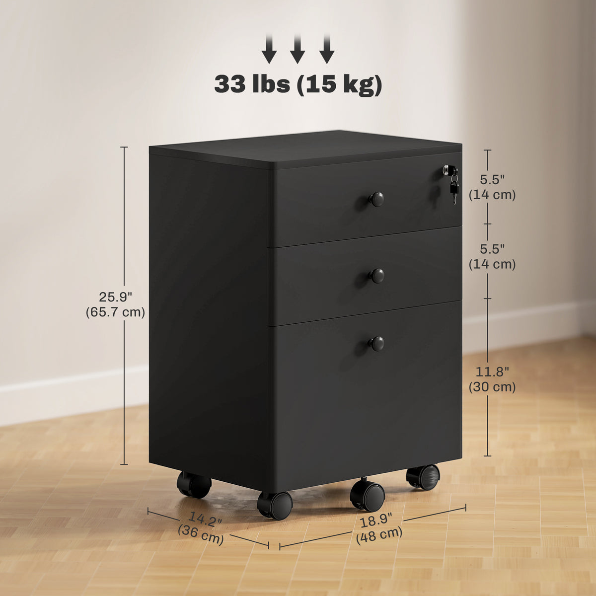 3-Drawer Small Filing Cabinet with Lock, Vertical Office Storage Cabinet with Wheels for Home Office, Black – view 2