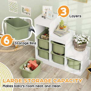 Qaba 3 Layers Toy Storage Organizer Kids Bookshelf Children Toy Storage w/ 6 Plastic Bins