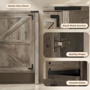 59" Buffet Cabinet, Farmhouse Sideboard with Thick Top, 2 Barn Doors, 4 Drawers and 2 Adjustable Shelves, Grey