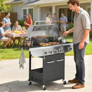 4 Burner Propane Gas Grill with Side Burner, 53,000 BTU BBQ Grill with Cast Iron Grates, Wheels, Warming Rack, Cabinet