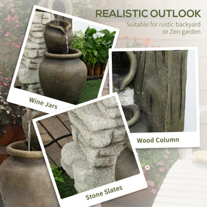 Wine Jars Outdoor Waterfall Fountain with Adjustable Flow, 4-Tier Rustic Resin Cascading Water Fountain, Decorative Backyard Water Feature for Zen Garden, Deck, Porch
