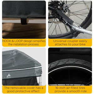Aosom Outdoor Bike Cargo Trailer, Foldable Bicycle Luggage Wagon, Triple Safety, 16" Wheels, Removable Cover, Black and Grey