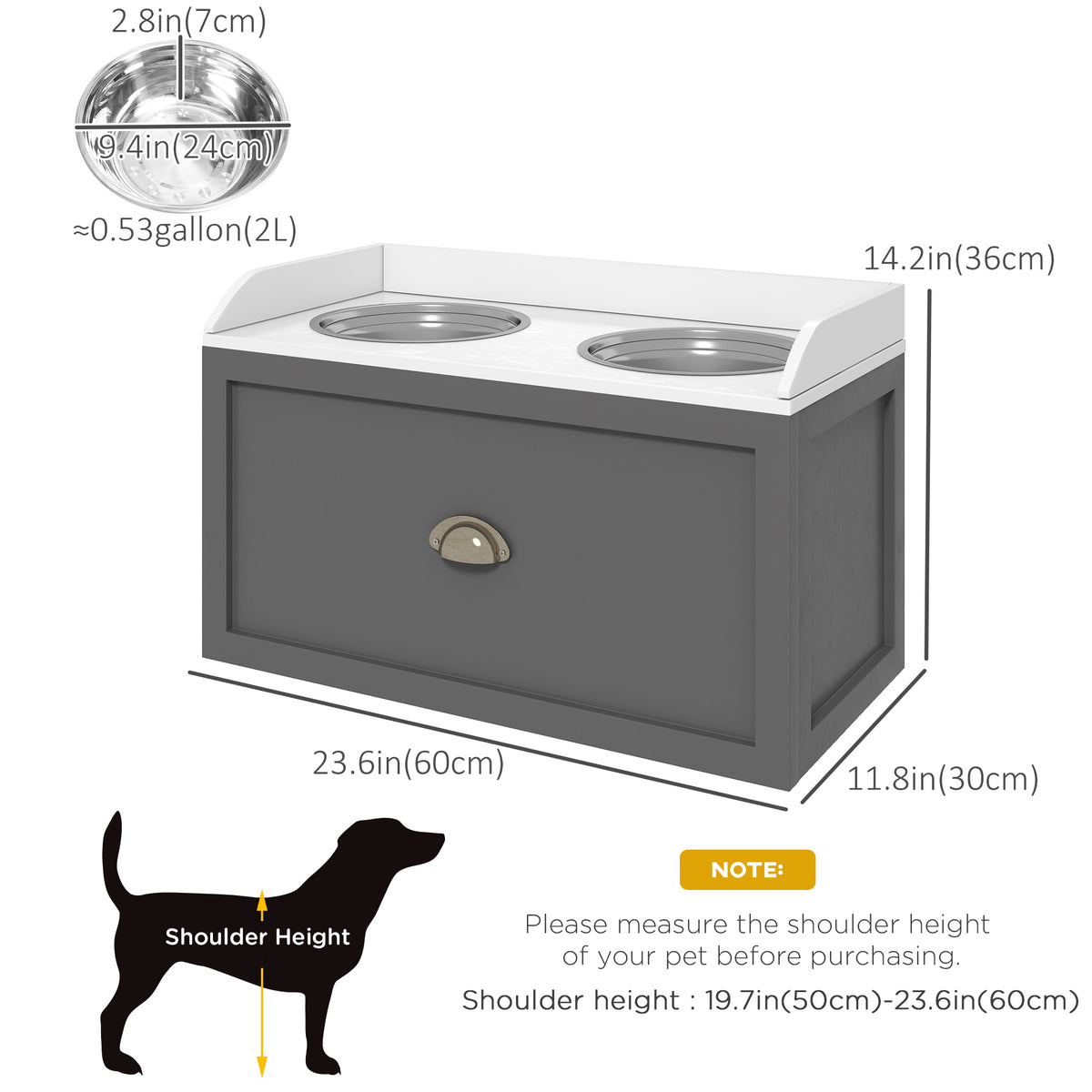 Elevated Dog Bowls Raised Pet Feeding Station with Storage 2 Stainless Steel Bowls, 23.6"x11.8" x14.2", Grey