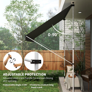 10x5ft Manual Retractable Awning, Patio Sun Shade Canopy Shelter with 5.6-9.2ft Support Pole, Water Resistant UV Protector, for Window, Door, Porch, Deck, Grey