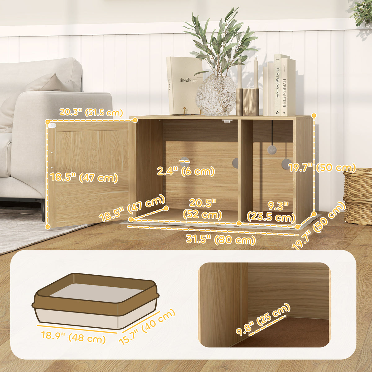 Cat Litter Box Enclosure, Cat Washroom End Side Table with Rattan Door, Scratching Pad, Non-slip Foot Pads – view 2