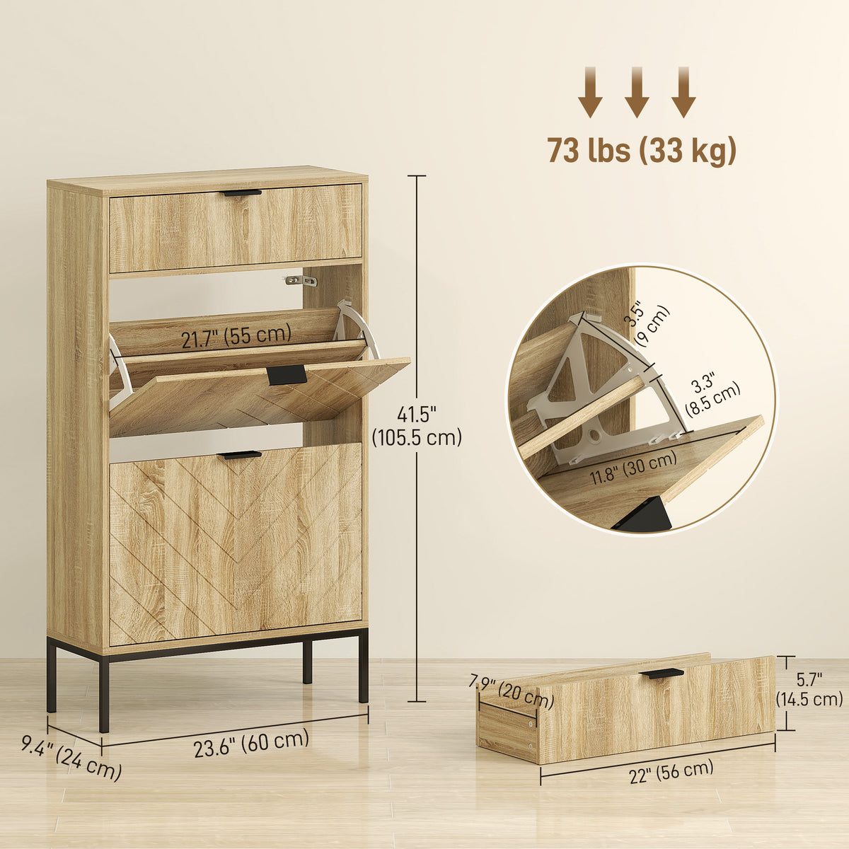 Narrow Shoe Storage Cabinet with Flip Drawers, Shoe Cabinet with Adjustable Shelves, Sliding Drawer, Holds 8 Pairs, Oak