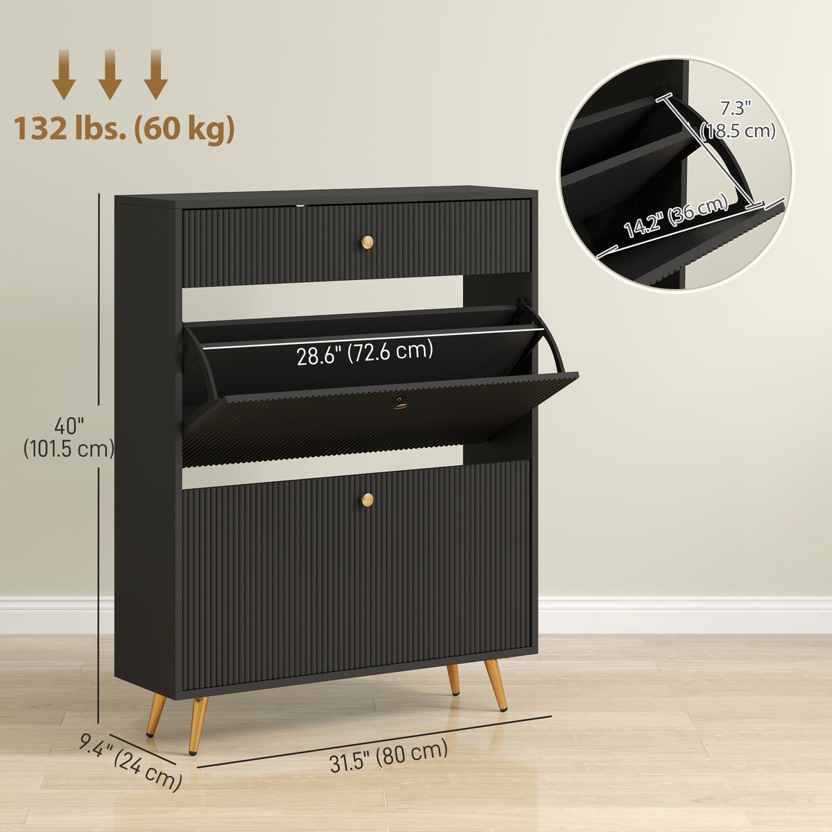 Narrow Shoe Storage Cabinet with Wave-like Panels and Adjustable Shelves for 12 Pairs of Shoes, Black – view 2
