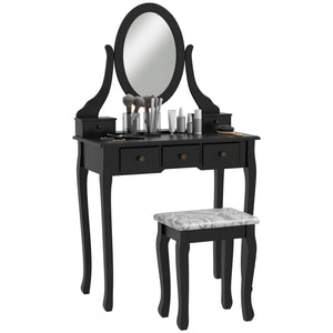 Vanity Desk with Stool, Makeup Vanity with 360° Rotating Oval Mirror, 5 Drawers and Padded Seat, Dressing Table for Bedroom, Black