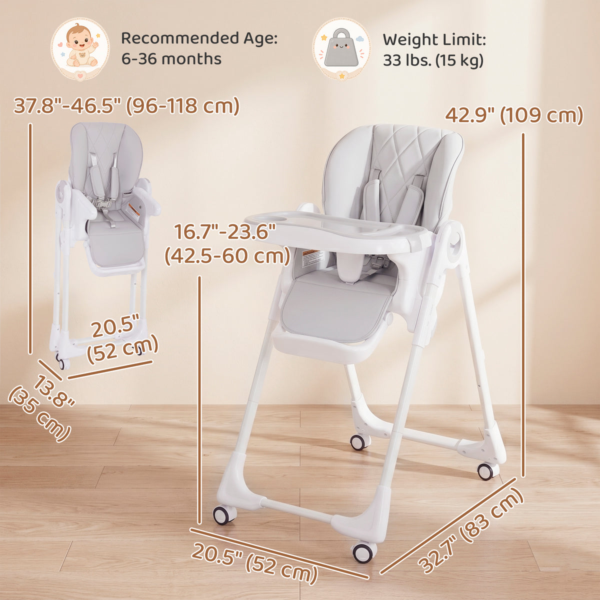 Qaba High Chair with Wheels, Double Tray, Foldable Baby Seat with Adjustable Seat Height, Backrest, Footrest and Tray, Grey
