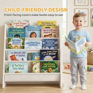 Qaba Fabric Kids Bookshelf, 4-Tier Toddler Sling Book Rack for Playroom, Bedroom, Nursery and Kids Room for Ages 3-6, White