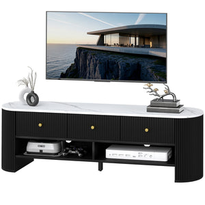 TV Stand, Modern TV Table with Marble-Effect Top, 3 Drawers and 2 Open Shelves for 32-65 Inch Television, Natural