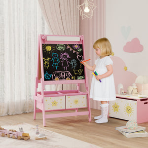 Qaba Art Easel for Kids, Double-Sided Whiteboard & Chalkboard with Paper Roll, 2 Storage Boxes, Gift for Boys, Girls