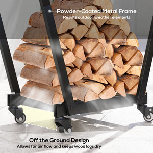 31 Inch Firewood Rack Outdoor, Heavy Duty Log Rack with Swivel Casters, Indoor Fire Wood Holders for Fireplace, Black