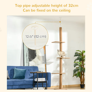 100" Floor To Ceiling Cat Tree w/ 3 Perches Activity Center for Kittens Cat Tower Furniture, Light Brown