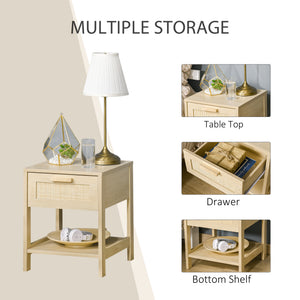 Narrow Nightstand with Rattan Elements, Bedside Table with Drawer and Storage Shelf for Bedroom, Natural – view 4