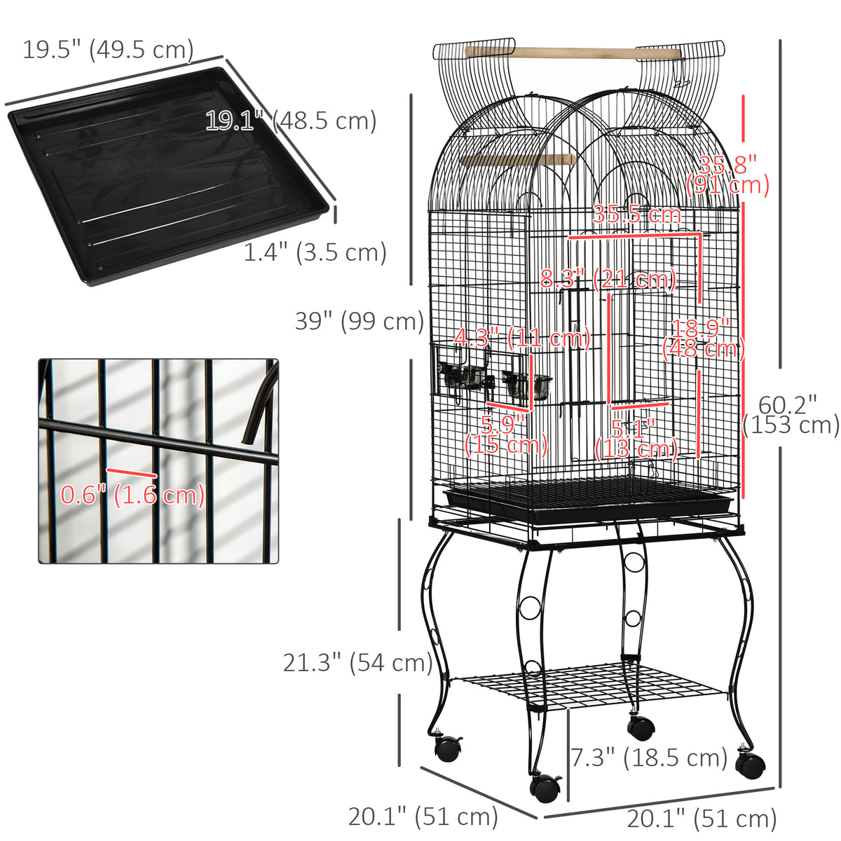 60" Large Bird Cage with Openable Top for Cockatie, Sun Conure
