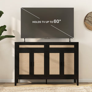 Kitchen Sideboard Cabinet, Boho Buffet Table with Decorative Rattan Doors and Drawers for Dining Room, Black