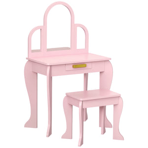 Qaba Kids Dressing Table and Chair Set, Girls Dressing Set, Makeup Desk with Drawer for 3-6 Years Old Kids