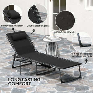 Folding Lounge Chair, Outdoor Chaise Lounge Tanning Chair with Adjustable Back, Side Table, Headrest, Black – view 4