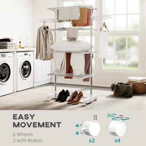 Garment Drying Rack Stainless Steel Folding Clothes Hanging Rack with Side Wings Castors for Indoor Outdoor White