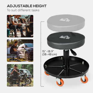 Shop Stool, Pneumatic Adjustable Mechanic Stool, with Tool Tray, Wheels - Black