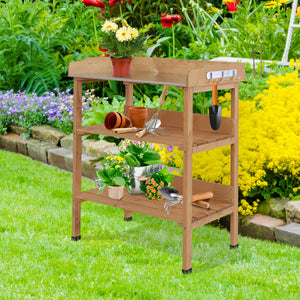 Outdoor Garden Wooden Potting Bench Work Station Table Tool Storage Shelf w/ Hooks, Natural – view 6