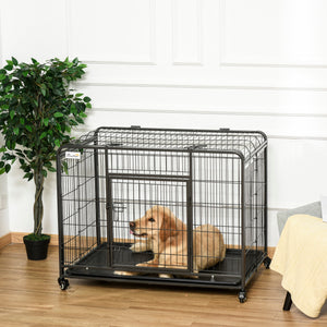 Folding Heavy Duty Dog Crate Heavy Duty Cage for Large Sized Dogs with Double Doors, Lockable Wheels Tray, 43" x 28" x 31"