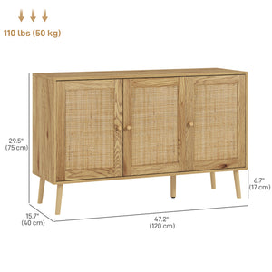 Bohemian Sideboard with Rattan Doors & Adjustable Shelf, Natural Wood Finish