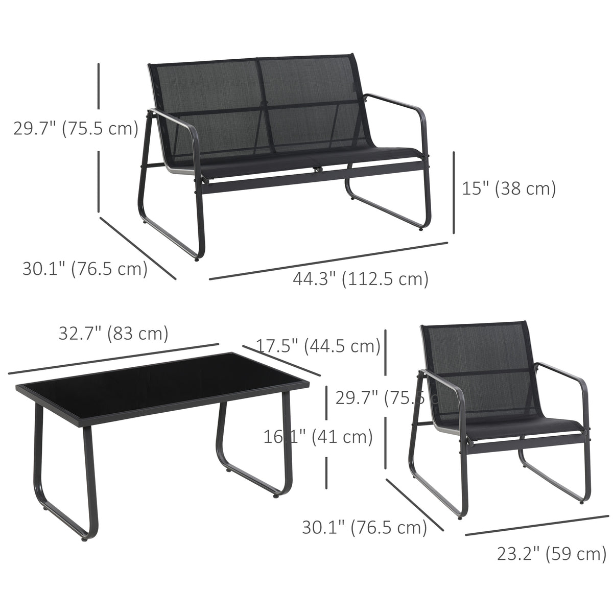 4 Piece Patio Furniture Set, Outdoor Conversation Set with Loveseat Sofa, Armchairs, Glass Top Coffee Table, Black