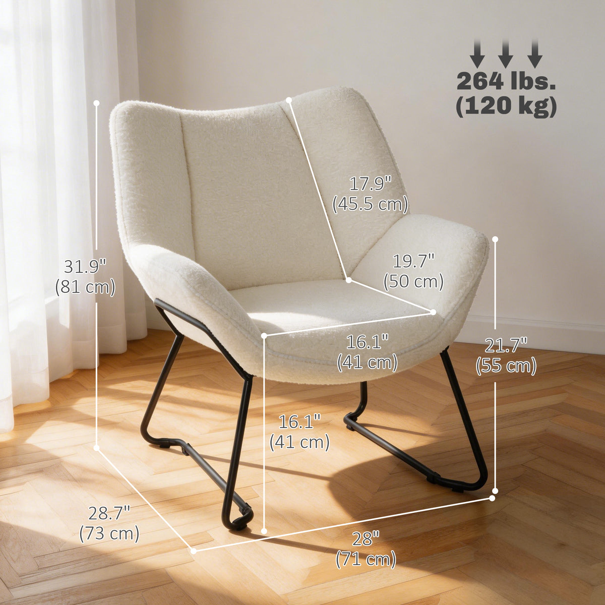 Accent Chair, Sherpa Fleece Armchair with Wide Backrest and Metal Legs, White