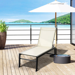 Outdoor Lounge Chair, Patio Lounger with 5-Position Reclining Backrest and 2 Wheels for Poolside, Beach, Lawn, Cream White