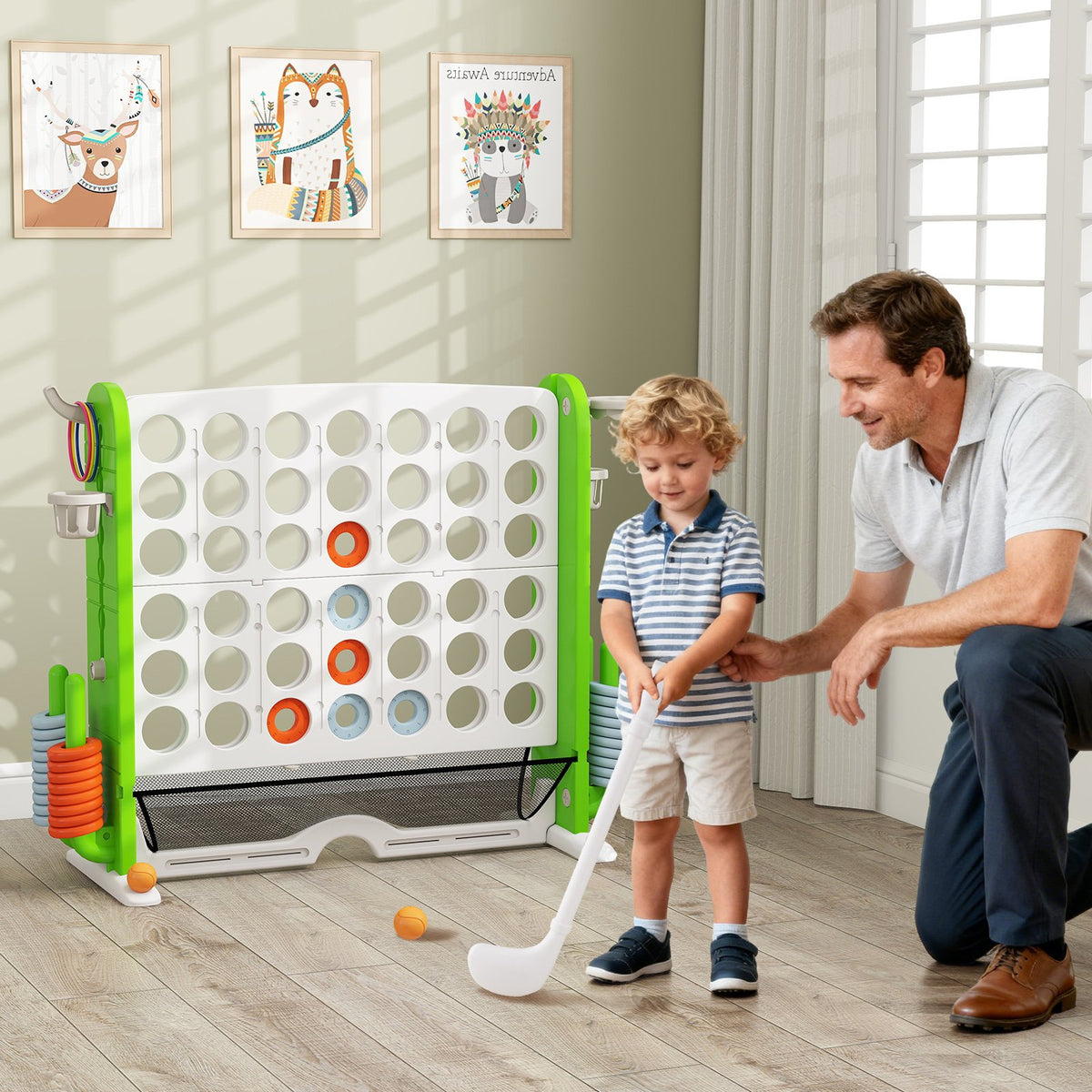 Jumbo 4-to-Score Game with Ring-toss and Basketball Hoop-Green view 2