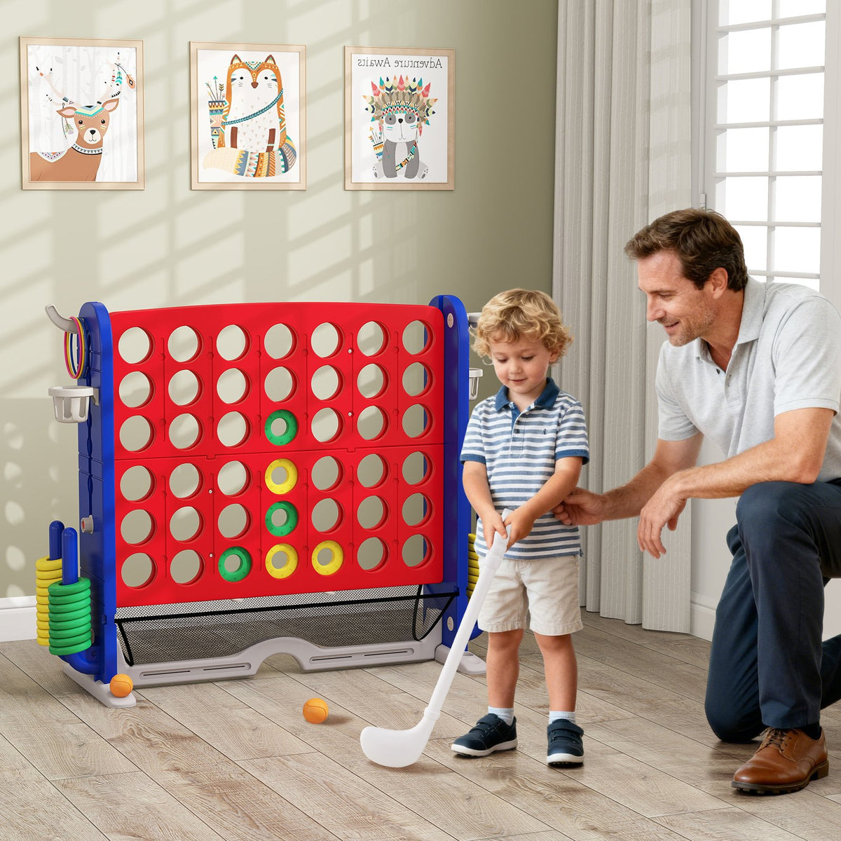 Jumbo 4-to-Score Game with Ring-toss and Basketball Hoop-Red view 2