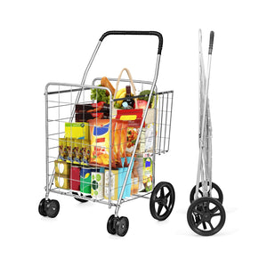 Folding Shopping Cart for Laundry with Swiveling Wheels and Dual Storage Baskets-Sliver view 4