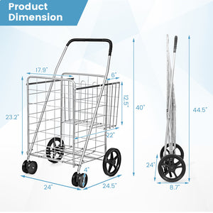 Folding Shopping Cart for Laundry with Swiveling Wheels and Dual Storage Baskets-Sliver view 5