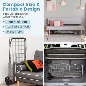 Folding Shopping Cart for Laundry with Swiveling Wheels and Dual Storage Baskets-Sliver view 7